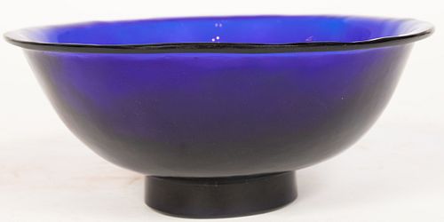 CHINESE BLUE GLASS BOWL, QING DYNASTY, 18TH/19TH CENTURY H 4" DIA 9.5" 