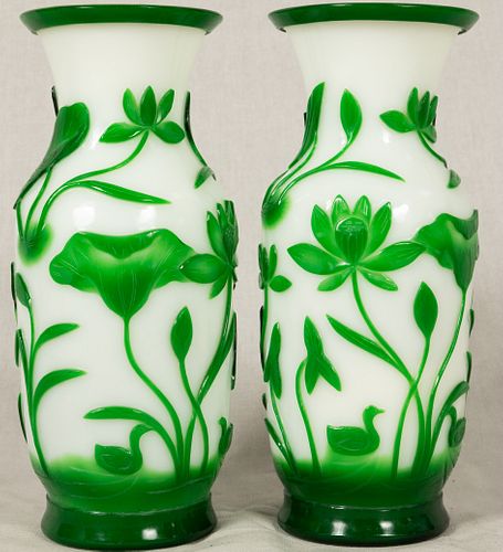 CHINESE CAMEO GLASS VASES DYNAMIC PAIR H 9" DIA 4" FLORAL MOTIF, GREEN ON WHITE GROUND 