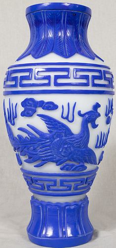 CHINESE GLASS BLUE AND ALABASTER VASE H 12" DIA 5.5" FEATHERED RIM, PHOENIX AND DRAGON MOTIF 