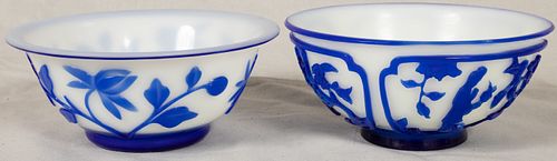 CHINESE GLASS BOWLS 2 PIECES H 2.5-2.625" DIA 6" BLUE ON ALABASTER BASE 