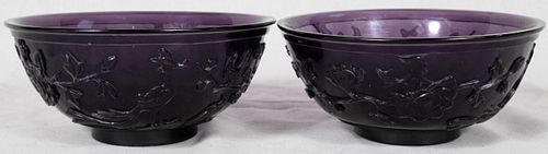 CHINESE GLASS BOWLS PAIR H 2.75" DIA 6.125" PHOENIX, FLORAL AND BRANCH MOTIF 