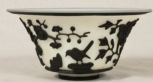 CHINESE OVERLAY CARVED GLASS BOWL, H 3.5" D 7.125" BIRD AND FLOWERING BRANCH MOTIF 