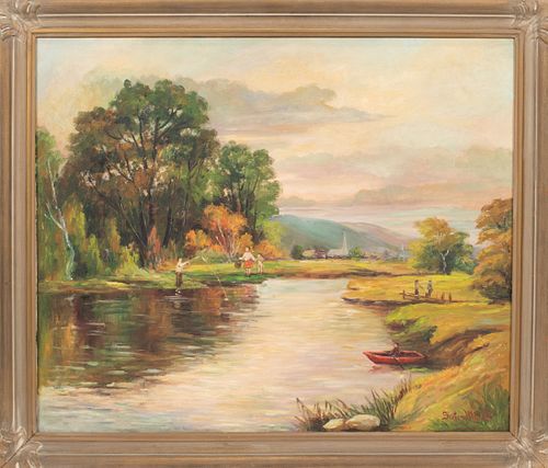 SISTER MATILDA (OHIO, 1887-80), OIL ON CANVAS, H 25", W 29", RIVERSCAPE WITH FIGURES 