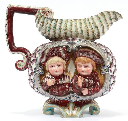ENGLISH CERAMIC WATER PITCHER, TWO CHILDREN IN RELIEF C 1870 H 9" W 9" 
