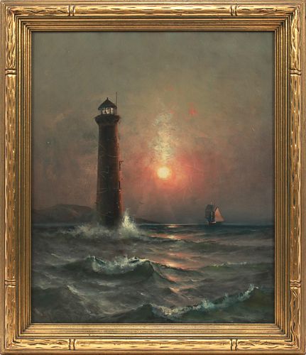 B.J. HARNETT (AMER, 1847-14), OIL ON CANVAS, H 24", W 19", LIGHTHOUSE 