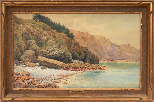 ARTHUR SUKER (BRITISH, 1857-02), WATERCOLOR ON PAPER, H 11", W 19", "COAST OF CORNWALL" 
