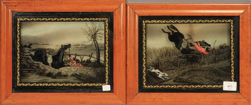 ENGLISH SILHOUETTE PAINTINGS ON GLASS, PAIR, H 8", W 10", "DANGEROUS" & "INTO A BROOK" 