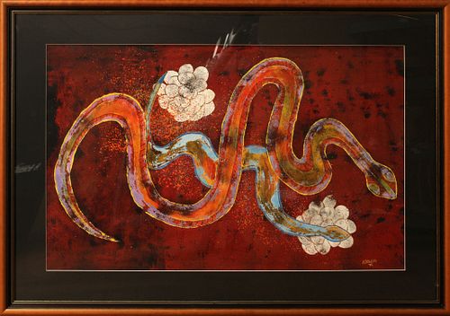 A. DOWLER, RELIEF PRINT ON PAPER, 1996, H 28", W 42", SNAKES & FRUIT 