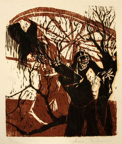 JAMES TUCKER, COLOR WOODBLOCK PRINT ON PAPER, H 10.5", W 9" 