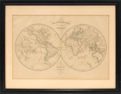 HAND-TINTED LITHOGRAPH ON PAPER, 19TH C, H 12", W 18", "MAPPE-MONDE EN DEUX HEMISPHERES" 