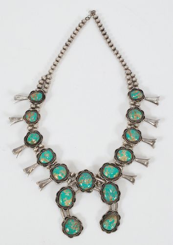 NAVAJO SQUASH BLOSSOM STERLING SILVER AND TURQUOISE HAND MADE NECKLACE 19" OPENED LENGTH PENDANT 3" X 3" 