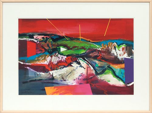 HAROLD LARSEN (AMER, 20TH C), ACRYLIC, CHARCOAL & INK ON PAPER, H 19", W 29", ABSTRACT COMPOSITION 