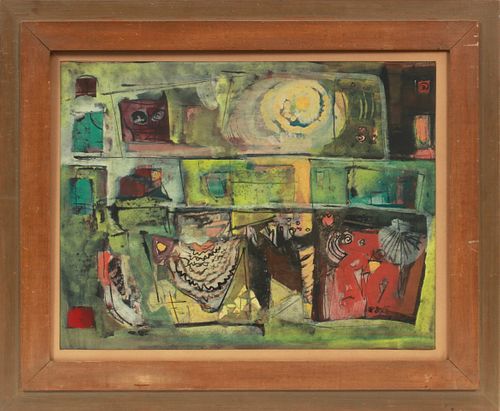 R.T.F., GOUACHE & INK ON ARTIST'S BOARD, C. 1920, H 20", W 26", ABSTRACT COMPOSITION 