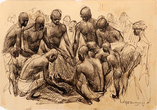 CARLOS LOPEZ (CUBAN/AMER.1910-53), INK DRAWING ON PAPER, H 4 3/4", W 7 3/4", NATIVES 