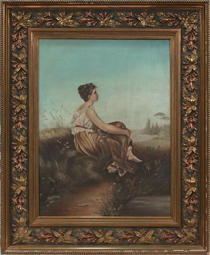 M.U.E. OIL ON CANVAS, C. 1890, H 27", W 20", SEATED WOMAN 