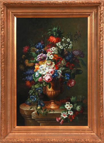 FLEMISH STYLE OIL ON CANVAS, H 36", L 24", BOUQUET IN URN 