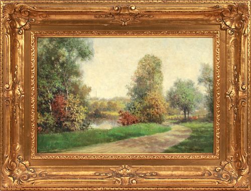 MILTON H. LOWELL (AMER, 1848-27), OIL ON CANVAS, H 12", W 18", BUCOLIC PATHWAY 