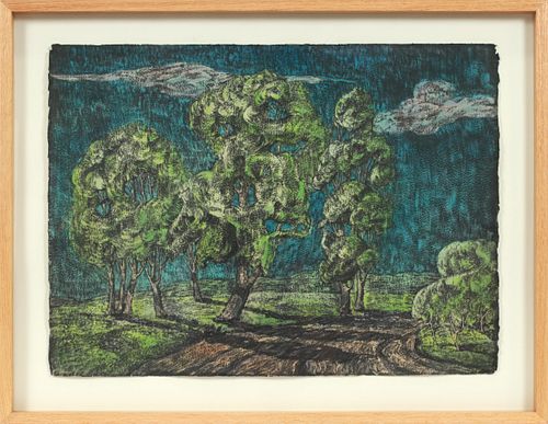 ROMAN MARAZ (AMER, 1911-79), ACRYLIC ON PAPER, H 22", W 29", TREES 