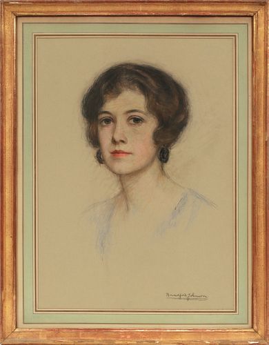 BRADFORD JOHNSON (AMER, 20TH C), PASTEL ON PAPER, H 21", L 15", PORTRAIT OF LADY 