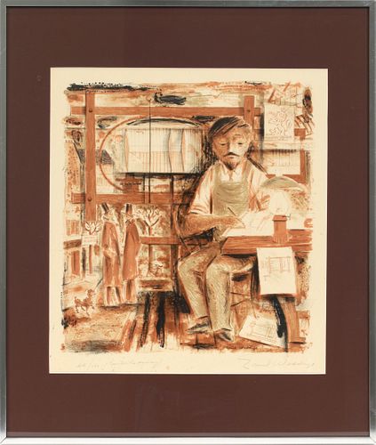 EMIL WEDDIGE (AMER, 1907-2001), COLOR LITHOGRAPH ON PAPER, H 16", W 15", WRITING MAN 