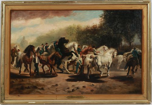 R.W. REID, OIL ON CANVAS, 1903, H 18", W 28", "HORSE FAIR" 