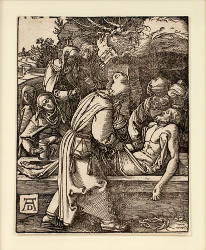 ALBRECHT DURER (GERMAN, 1471-1528), WOODCUT ON PAPER, H 5", L 4", "THE ENTOMBMENT OF CHRIST" 