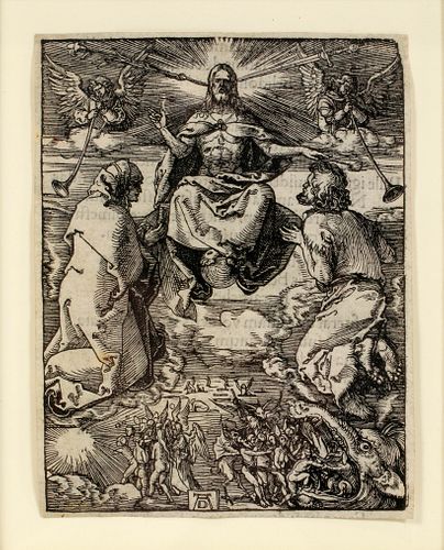 ALBRECHT DURER (GERMAN, 1471-1528), WOODCUT ON PAPER, H 5", L 4", "THE LAST JUDGMENT OF CHRIST" 