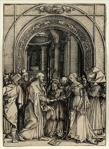 ALBRECHT DURER (GERMAN, 1471-1528), WOODCUT ON PAPER, H 11 5/8" W 8 1/4" "BETROTHAL OF THE VIRGIN FROM THE LIFE OF THE VIRGIN" 