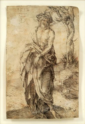 ALBRECHT DURER (GERMAN, 1471-1528), DRYPOINT ON PAPER, H 4 1/2, W 2 7/8, "MAN OF SORROWS WITH HANDS BOUND" 