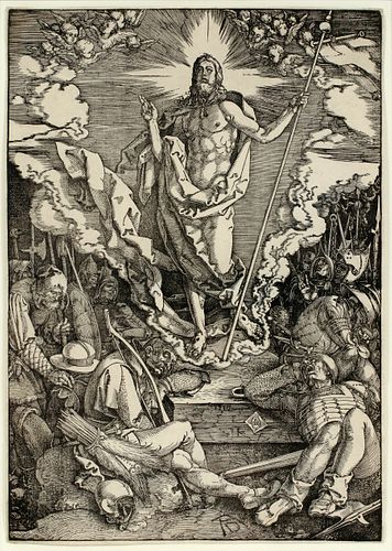 ALBRECHT DURER (GERMAN, 1471-1528), WOODCUT ON PAPER, H 15 1/2", W 10 7/8", "THE RESURRECTION" 