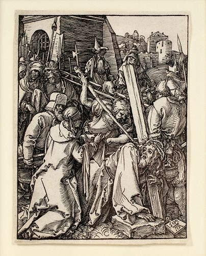 ALBRECHT DURER (GERMAN, 1471-1528), WOODCUT ON PAPER, H 5" W 3 7/8" "CHRIST CARRYING THE CROSS FROM THE SMALL PASSION" 