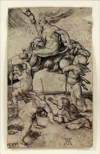 ALBRECHT DURER (GERMAN, 1471-1528), ENGRAVING ON PAPER, H 4.5", W 2.75", "WITCH RIDING BACKWARDS ON GOAT" 