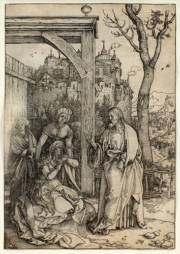 ALBRECHT DURER (GERMAN, 1471-1528), WOODCUT ON PAPER, H 11 5/8" W 8 1/8" "CHRIST TAKING LEAVE OF HIS MOTHER FROM THE LIFE OF THE VIRGIN" 