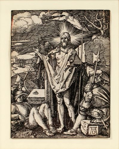 ALBRECHT DURER (GERMAN, 1471-1528), WOODCUT ON PAPER, H 5" W 3 7/8" "THE RESURRECTION FROM THE SMALL PASSION" 