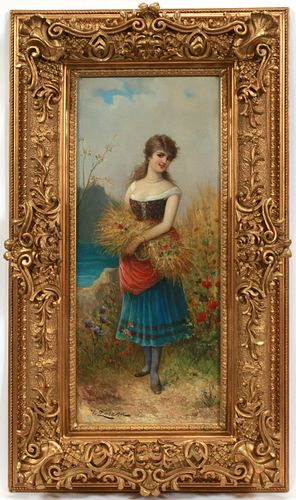 HANS ZATZKA (AUSTRIA, 1859-49), OIL ON CANVAS, H 34", W 13.5", GIRL WITH FLOWER BUSHEL 
