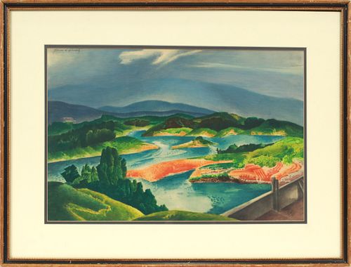 WILLIAM SAMUEL SCHWARTZ (AMER, 1896-77), GOUACHE ON PAPER, H 14", W 21", RIVER LANDSCAPE 