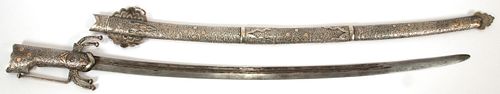 MOROCCAN  NIMCHA PRESENTATION SWORD WITH SILVER GRIP AND SCABBARD  C. 1900 L 42" 