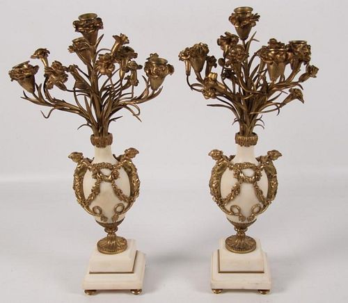 PAIR OF FRENCH BRONZE AND MARBLE CANDELABRA