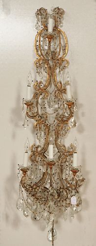 THREE TIER CRYSTAL AND GILT METAL  WALL SCONCE H 48" W 14" 