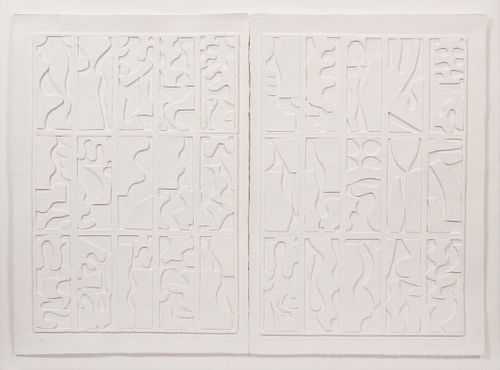 LOUISE NEVELSON (AMERICAN, 1899–1988) CAST PAPER RELIEF, ON TWO SHEETS OF HANDMADE PAPER PULP, 1978, H 33.5" W 45.5" MORNING HAZE 