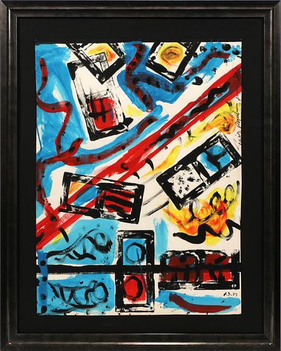 MODERN ART, ACRYLIC AND WATERCOLOR, ON WOVE PAPER 1979 H 24" W 18" PARIS POPILUIM 