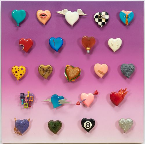 ROARK GOURLEY (AMERICAN) FEATURING 22 HEARTS IN VARIOUS STATES SUCH AS MENDED OR AFLAME MOUNTED ON A WOOD PANEL PAINTED MAGENTA TO PINK. 20TH CENTURY,