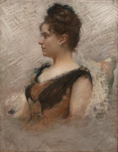 JULIUS ROLSHOVEN (AMERICAN, 1858-1930) PASTEL ON PAPER, 1889, H 30.5", W 24", PORTRAIT OF YOUNG WOMAN 