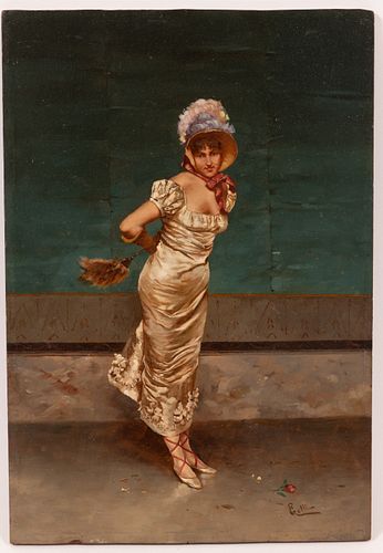 EDUARDO GELLI (ITALY, 1852-33) OIL ON BEVELED MAHOGANY PANEL, H 14.5", W 10", WOMAN IN SATIN DRESS 