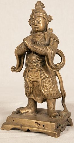 CHINESE BRONZE STANDING WARLORD IN ARMOR, 19TH.C. H 7" W 3" 