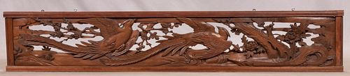 CHINESE HAND CARVED WOOD PANEL H 13.5 W 75.5" PHOENIX BIRDS IN FLIGHT 