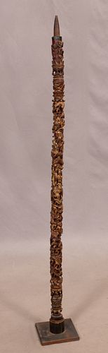 CHINESE GILT AND CARVED WOOD STICK H 49" DIA 2" 