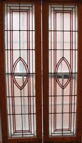LEADED STAINED AND SLAG GLASS WINDOW PANES WITH ETCHED FLORAL DESIGN IN CENTER PAIR H 60" W 17" 