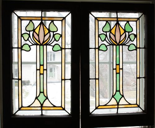 LEADED AND SLAG STAINED GLASS WINDOW PANES PAIR H 29.5" W 18" 