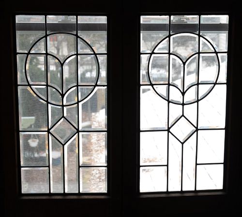 BEVELED CLEAR LEADED GLASS WINDOW PANELS PAIR H 33" W 18" 